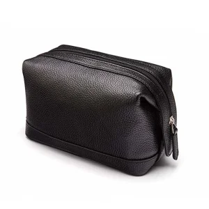 Male Custom Logo Black Fashion Large Zipper Thread Pattern Soft Handle Travel Makeup Bag Cosmetic PU Wash Bag