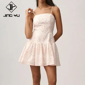 2026 New Style Square Neck Low Waist Embroidered Mini Dress Custom Cotton Mini Dress for Women