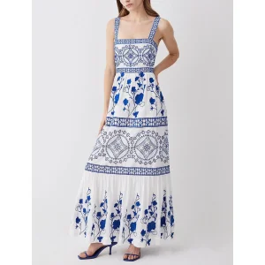 Vestido Maxi de Linho Feminino Estampa Vintage