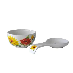 Wholesale Rustic Hand-Painted Sunflower Floral Ceramic Bowl and Spoon Set Manufacturers, Products