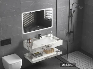 Móveis de banheiro com espelho LED estilo OEM moderno, armário com pia de pedra