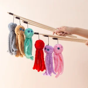 Fashion Lovely Octopus Cat Stick Wooden Pole Plush Simulation Octopus Doll Interactive Cat Toy