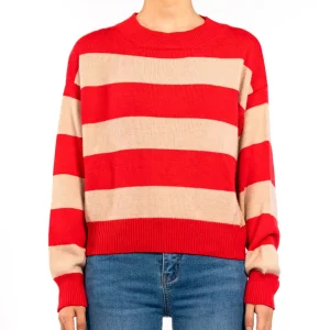 Design de blusa de malha de gola redonda com mangas longas em cores bloqueadas, malha listrada casual