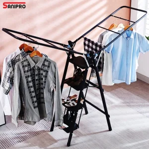 Sanipro Portable Home Kitchen Warehouse Supermarket Use 4-Step Ladder Floor Standing Clothes Hanger Indoor Foldable Drying Rack