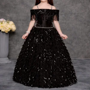 Black Sequin Off-Shoulder Party &amp; Ball Gown for Girls | Elegant Designer Fringed Sparkly Birthday | OEM Brand Made in India