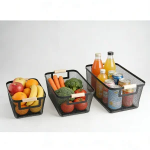 Wire Mesh Baskets Set of 3 with Wooden Handle