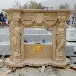 Large Beige Marble Fireplace Mantel with Lady Figure Statues