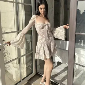 LS2436 Star Sexy Printed Long Sleeve Lace-up Minidress