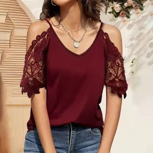 Factory Wholesale Strap Lace Shoulder Shirt Blouse Blusas Y Camisas PARA Mujeres Elegant Women's Sexy Knitted Tops