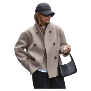Wholesale Trendy Women's Brown Double-Breasted Wool Coat Fashionable Cross-Border Trench Comfort Fit Coat