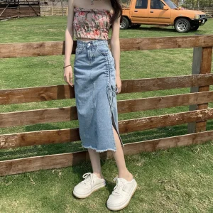 2022 Women Denim Skirt New Design Lace-up Slit Long Skirt High Waist Plus Size Midi Maxi Women Casual Skirt for Summer