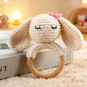 Baby Hand-Knitted Plush Wood Material Rattle Wooden Ring Sound Rabbit Hand-Rocking Bell Toy Comfort Doll Wholesale Customizable