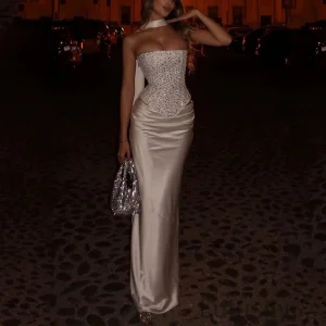 Summer Women's Sexy Sequin Back Lace-up Tube Top Vest Elegant Strapless Satin Top Slim Fishtail Long Skirt Two Pieces Set