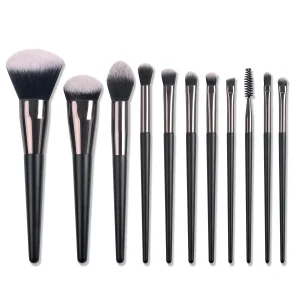 DailyQueen 11 Pcs Copper Tubing Black Wood Handle Synthetic Hair Private Label Kabuki Foundation Makeup Brush Set Shaving Brush