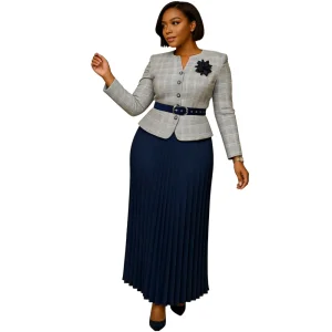 Women's 2 Piece Formal Suit Plaid Blazer and Pleated Maxi Skirt Set with Belt and Brooch