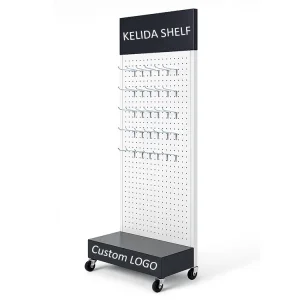 Custom Metal Pegboard Display Rack with Hooks and Wheels for Store Tools or Accessories