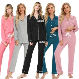 Factory 100% Cotton Luxury Pyjamas Family Woman 2 Piece Outfit Set Bamboo Long Sleepwear Pjs Pajamas Pijamas Mujer for Women
