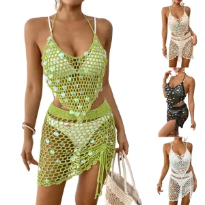 Lady's Handmade Crochet Two-Piece Sexy Resortwear Solid Swimsuit Dress Hollow Cover Ups for Seaside Beach Women's Tank Bra