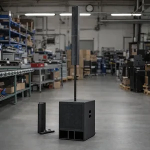 Compact Modular Line Array Sound System for High Output Professional Audio Applications with Wide Dispersion and DSP Control