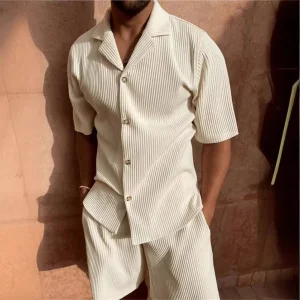Men's Summer Solid Color Corduroy Casual Shirt Sets Comfortable Outfits for Daily Wear