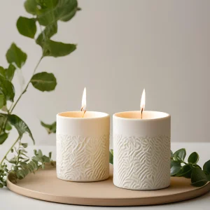 China Vertical Stripe Ceramic Candle Holders Matte White Glaze