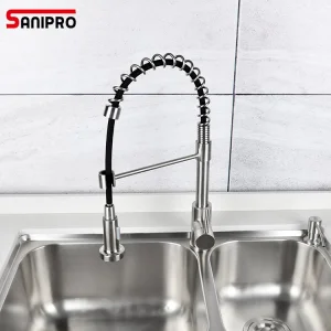 Sanipro Matte Sliver Single Handle Stainless Steel Pull out Kitchen Faucet Spring Bridge Mixer Water Tap for Sink