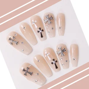 Elegant Cross Pearl Rhinestone False Nail Tips – Premium Acrylic Press on Nails