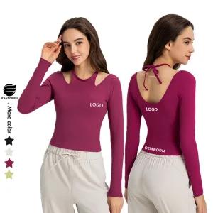 Xsunwing New Ribbed Sexy Halter Neck Yoga Bra Long Sleeve T Shirt Breathable Quick-Drying Fitness Seamless Tops with Thumb Hole Wdq027