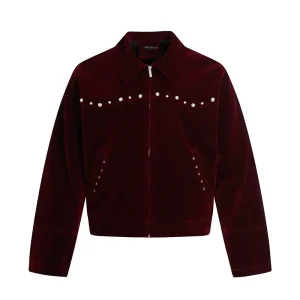 Retro Design Rivet Pearl Embellished Lapel Jacket, Loose Casual Versatile Outerwear, Spring Autumn Soft Elegant Style