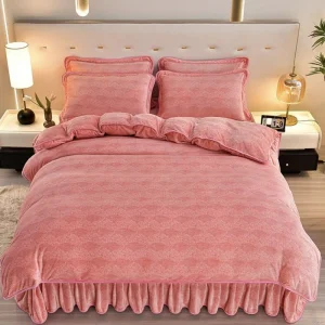 Pink Polyester Microfiber Four Piece Home Textile Milk Fleece Bed Skirt Bed Linen Flannel Comforter Duvet Cover Queen King Size Bed Sheets Jacquard Bedding Set