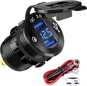 Quick Charge 3.0 Dual USB Charger Socket, Waterproof Power Outlet Fast Charge with LED Voltmeter &amp; Wire Fuse DIY Kit for 12V/24V Car Boat Marine