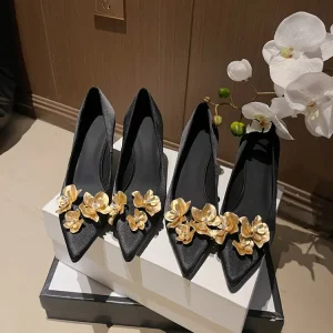 OEM JC Signature Blooming Heels: Gothic Gold Embroidered Satin Pumps Manufacturer, Exporter