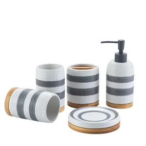 OEM Grey White Striped Woven Texture Ceramic Bathroom 5-Piece Set Exporters, Product