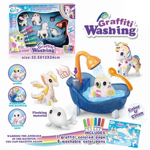 Children's Educational DIY Toys Pretend Play Bath Set with Painting Washable Pet Fur Embroidery Solid Plush Elastic Animal Dolls