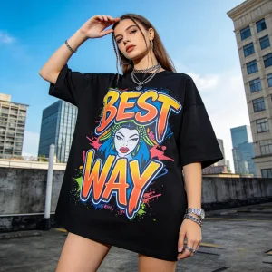 Fashion Custom Design Women's Streetwear Loose Logo Heat Transfer Printed 100% Cotton Eco-Friendly Black Short Sleeve O-Neck