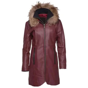 Customized Women's Leather Jacket Long Coat 3/4 Length Double Breasted Genuine Leather Knitted Cotton Lining Hooded