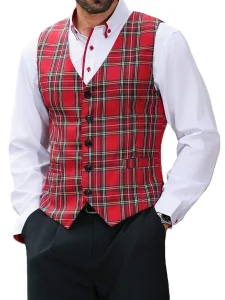 Red Plaid Mens Vest for Business Casual Christmas Party and Daily Wear Sleeveless Waistcoat for Grooms Formal Attire