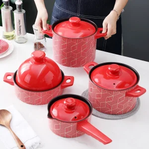New Design Red Paint Custom Ceramic Casseroles Non Stick Stockpot Milk Pan Set Heat Resisting Soup Pot With Lid
