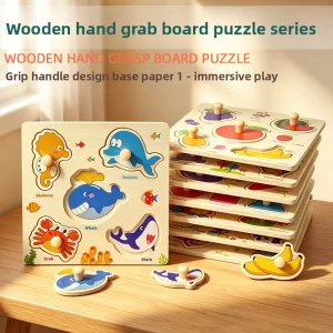 Wooden Pegged Puzzle Board For Toddlers Educational Hand Grasp Knob Puzzle With Animal Fruit Shapes Early Learning Toy For Kids