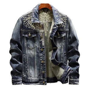 Men's Distressed Denim Jacket With Embroidery Wings Design Casual Button Fly Regular Fit Autumn Wear