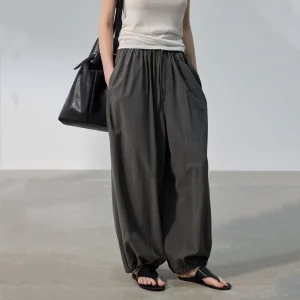 Factory Customization Women's Early Autumn Linen Elastic Waist Wide Leg Trousers