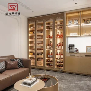 Gabinete de vino montado en la pared de acero inoxidable con LED personalizado para hotel y villa
