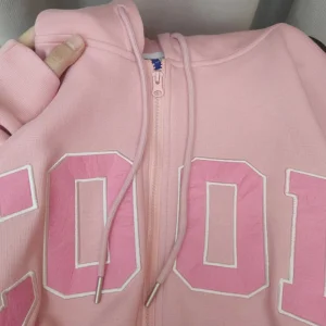 OEM Factory Custom Casual Knitted Spring Pink Embroidery Applique Logo Hoodie 100% Cotton Oversized Zip up Women