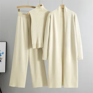 Autumn New Elegant Simple Women'S Knitted Set Sleeveless Tank Top Long Sweater Cardigan Pants Three Piece Sets