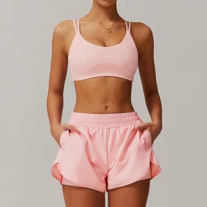 Top de treino com secagem rápida, sutiã de crossfit, shorts de moda para corrida e ciclismo com bolsos 2 peças de roupas de ginástica para mulheres, treinamento e ioga