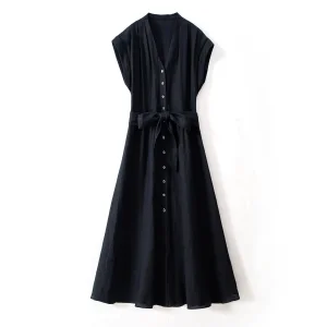 Vestido Casual Elegante com Cinto na Cintura e Mangas Curtas para Mulheres em Linho