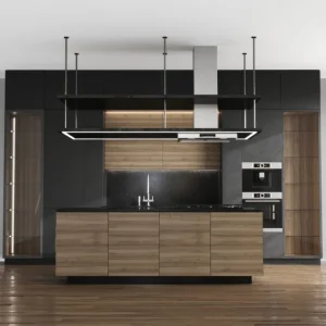 Conjuntos completos de gabinetes de cocina modernos de acero inoxidable y madera, muebles de cocina para restaurantes