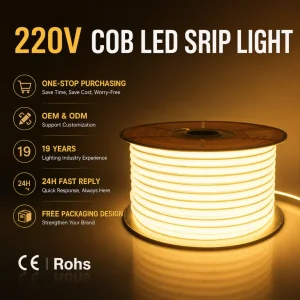 COB LED Strip Light 220V For Outdoor Use 100M Roll 8MM Ip65 10W M High Voltage Cuttable Flexible COB Tape 3000K 4000K 6000K