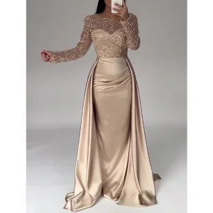 Women's Long Sleeve Elegant Socialite Sequin Evening Dress Luxury Formal Gown for Banquet Annual Meeting Party Host Even