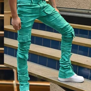 Jeans Slim Fit OEM Atacado Masculino Cintura Média Moda Jeans Empilhados de Alta Qualidade Calças Masculinas Jeans